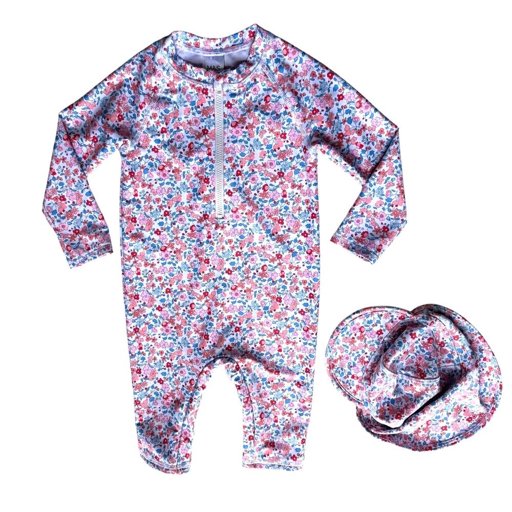 M & S One-piece & Hat Floral Baby Swim Set Size 12-18mos